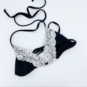 Relleciga Black Triangle Bikini‎ Top w/White Lace Sz Small